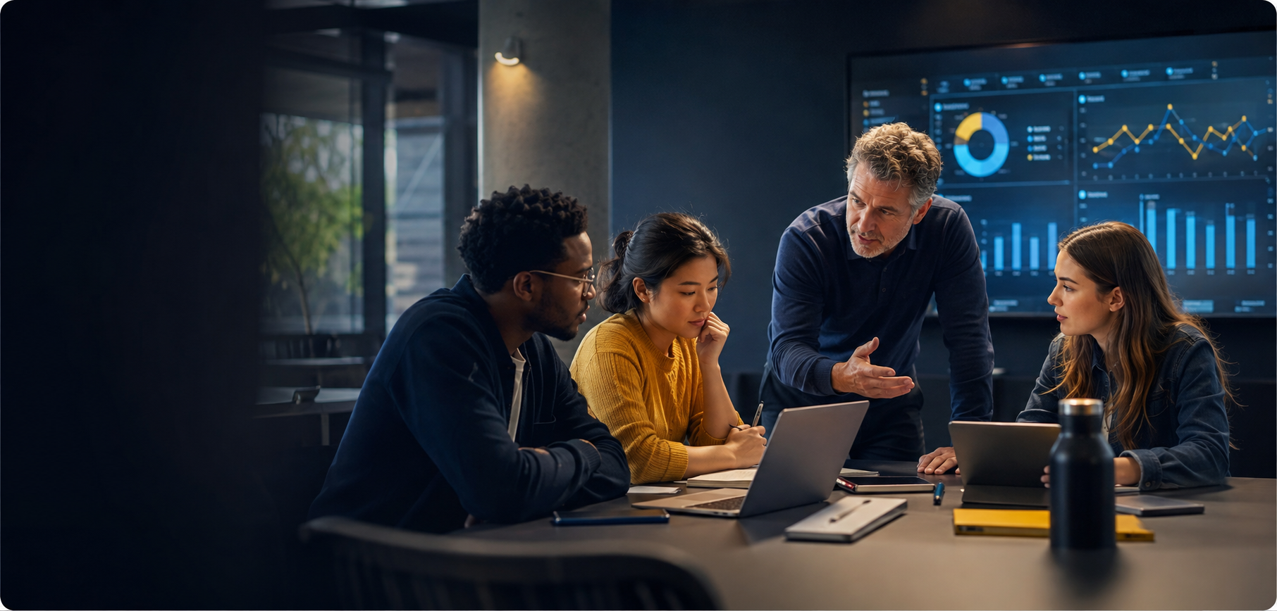 Educator and adult learners collaborating with digital learning analytics