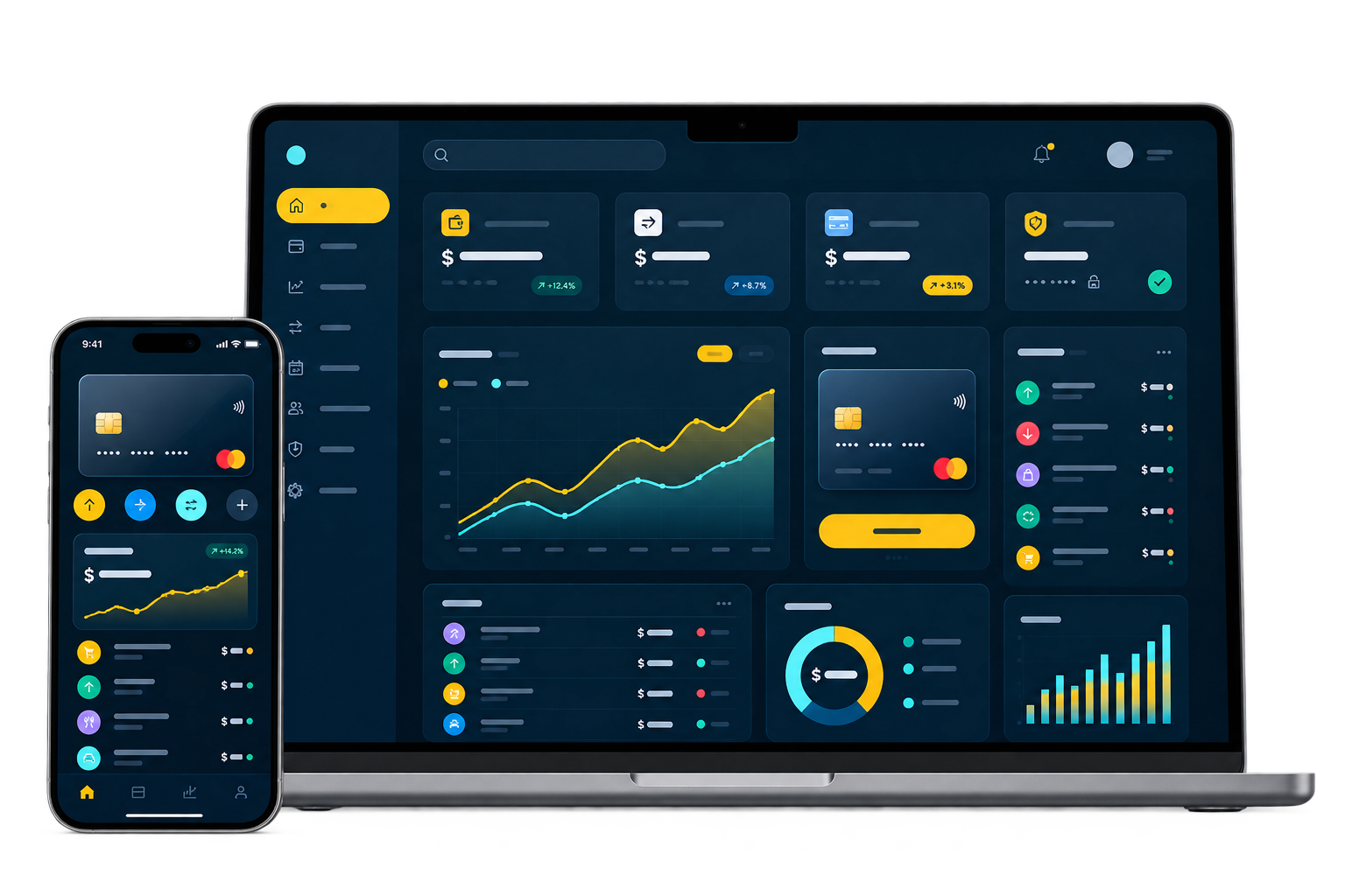 Fintech dashboard displayed on a laptop and smartphone