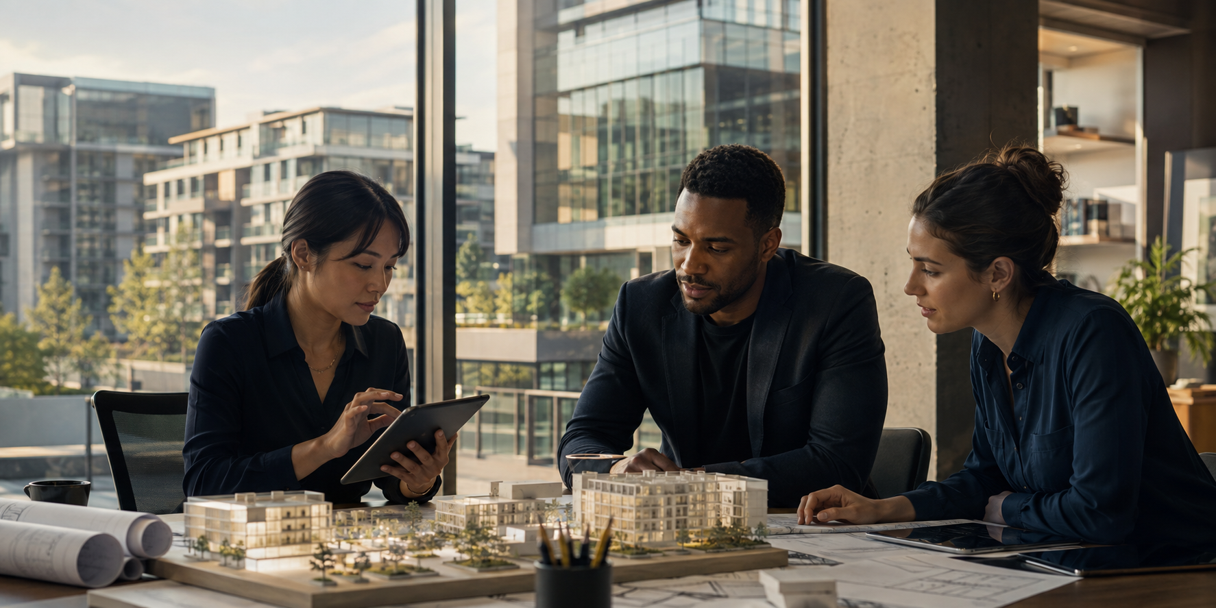Property professionals reviewing a development model and digital plans